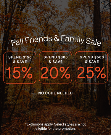 Promotional sale graphic for 'Fall Friends & Family Sale' over an autumn forest background. Three orange-outlined boxes show spending thresholds and discounts: $150 & 15% save, $300 & 20% save, and $500 & 25% save.