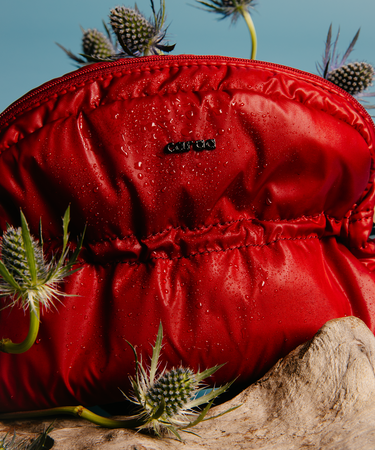 Red pouch with water droplets surrounded by plants. 