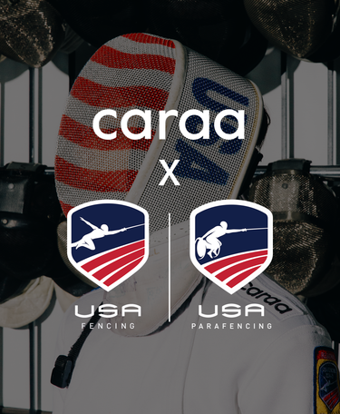 Fencing mask with 'caraa' branding and USA Fencing and USA Parafencing logos.