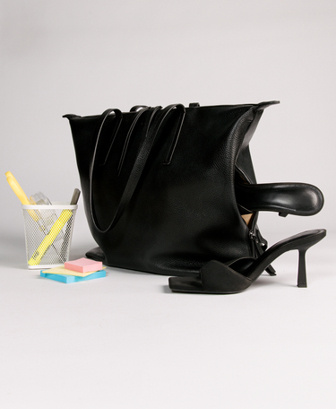 Studio Tote in Black with high heels in shoe pocket