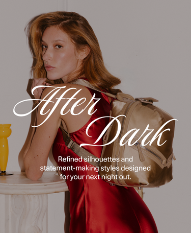 A woman in a satin red dress leans against a table, wearing a tan backpack, with large overlaid text reading 'After Dark' and smaller descriptive copy on a dark gradient background.