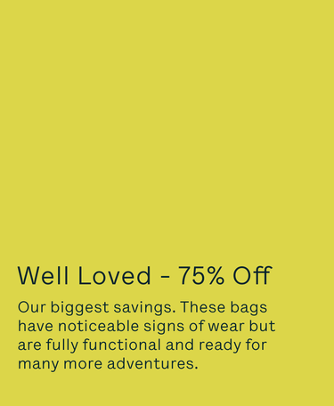 A flat yellow-green graphic with black text reading 'Well Loved - 75% Off' and a smaller description below about bags with visible wear but still being functional and ready for adventures.